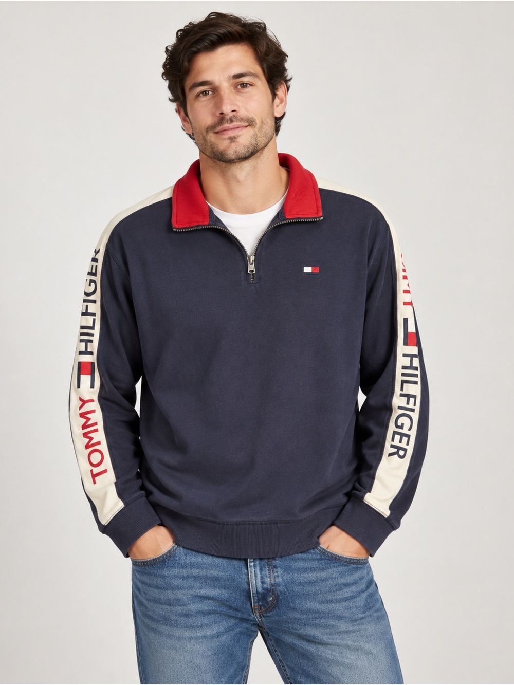Tommy Hilfiger Navy Zip-Up Sweater with Red Collar and Cream Sleeve Stripes XL